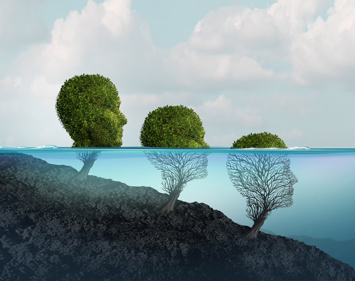 illustration - trees in shapes of heads on a hill, sloping down into a lake - addiction