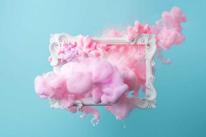 white picture frame with pink cloud of smoke drifting through it on sky blue background - pink cloud syndrome