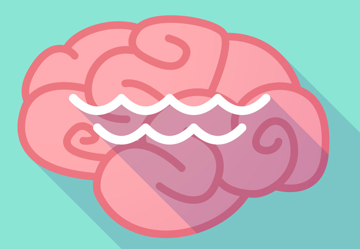 digital illustration of a brain with the symbol for water overlaid on top of it against a minty green background - wet brain